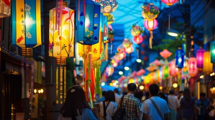 Colorful traditional lanterns illuminating a busy street at dusk. Cultural festival atmosphere with crowd.
