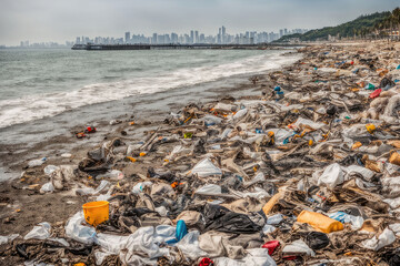 The beach by the sea is filled with garbage and waste and is very polluted.