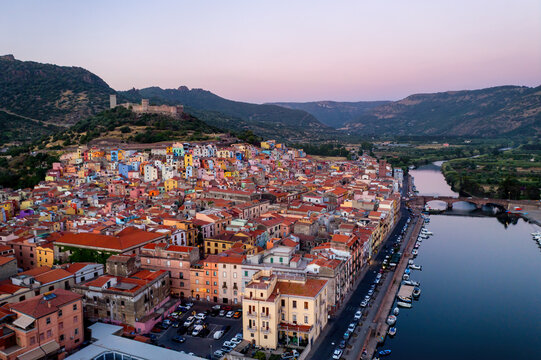 Colorful Bosa Town at Dusk Overlooking a River