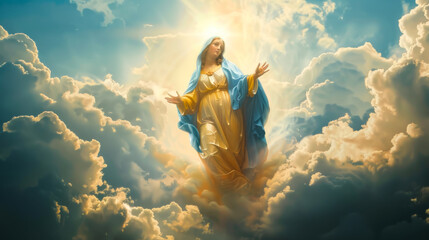Statue of the Virgin Mary in blue and gold robes ascending among clouds