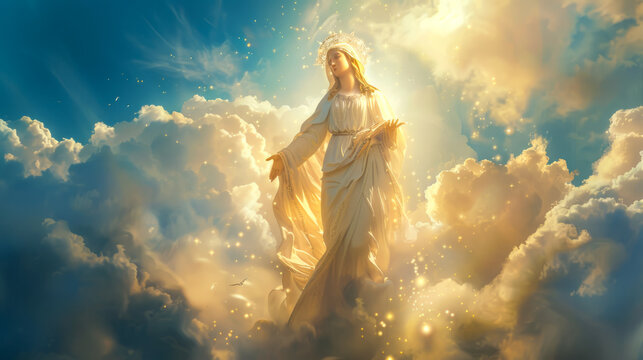 Virgin Mary with radiant halo amidst clouds and sunlight