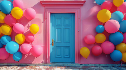 colorful balloons flutter on a pink background