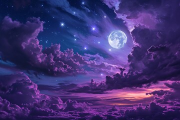 Obraz na płótnie Canvas Gradient mystical moonlight sky with clouds and stars, Fantasy Skyline with Moon and Stars Above Clouds purple gradient mystical moonlight sky, Ai generated