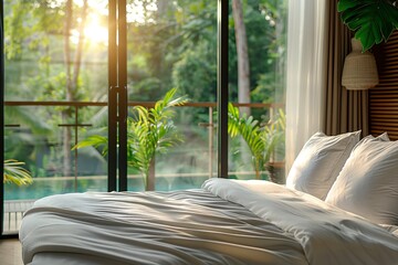 Peaceful bedroom with morning sunlight filtering through