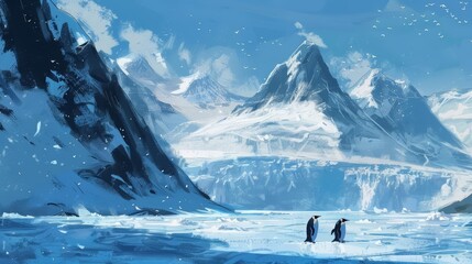 A pair of penguins, sliding on their bellies across icy glaciers and snowy peaks, exploring the chilly wonders of Antarctica