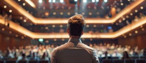 A man stands in front of a large audience, giving a speech. The audience is attentive and engaged,...