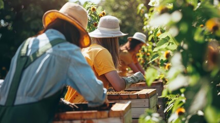 Beekeepers working on hives in sunflower field. Group activity with selective focus in a natural setting