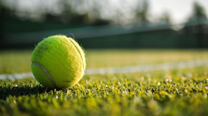 Tennis ball on grass court with morning dew. Close-up of sports equipment with natural backdrop