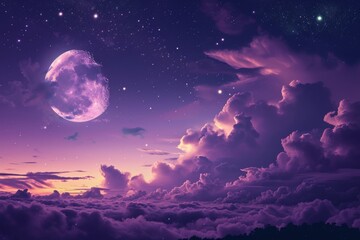 Fototapeta na wymiar Gradient mystical moonlight sky with clouds and stars, Fantasy Skyline with Moon and Stars Above Clouds purple gradient mystical moonlight sky, Ai generated