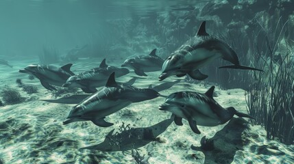 A playful pod of dolphins, using echolocation to map the ocean floor, contributing to marine biology research with their natural skills