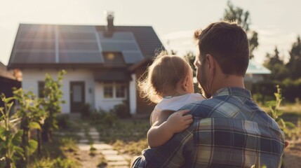 Father embracing child with tender care. House with solar panels showcasing sustainable living.