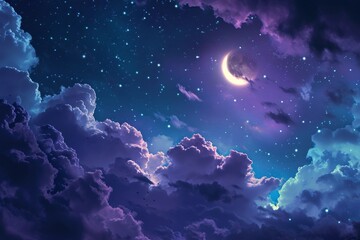 Gradient mystical moonlight sky with clouds and stars, Fantasy Skyline with Moon and Stars Above Clouds purple gradient mystical moonlight sky, Ai generated
