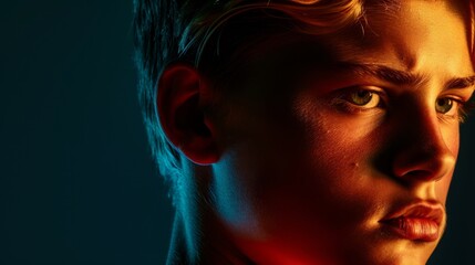 Dramatic Portrait of a Young Man with Colorful Lighting