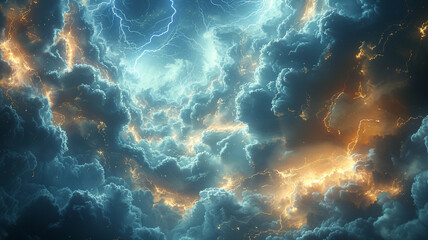Abstract patterns of swirling clouds illuminated by bursts of digital lightning, casting fleeting...