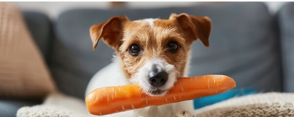 A front view of the cutie dog holding carrot in his mouth.