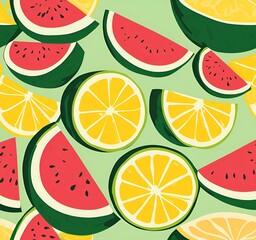 Watermelon cut in half with other lemon slices around it on a  green background