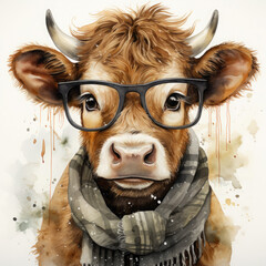 Watercolor cow wearing glasses, clipart Illustration, Generative Ai