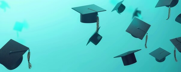 Graduation caps thrown in air on teal background. Celebration and graduation concept with copy space.