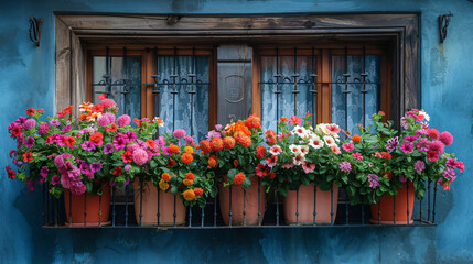 Fototapeta na wymiar Colorful Flower - Filled Window Boxes