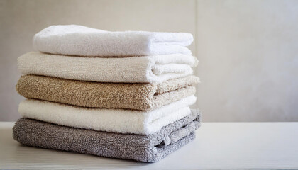 Stack of folded towels on table, light wall on background. Home laundry. Housekeeping concept