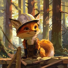 Fototapeta premium A resourceful fox wearing a hard hat, overseeing the construction of a sustainable wood recycling plant in the heart of the forest
