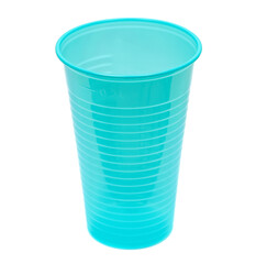 Empty new cyan plastic cup, disposable, isolated on white, clipping path, side view