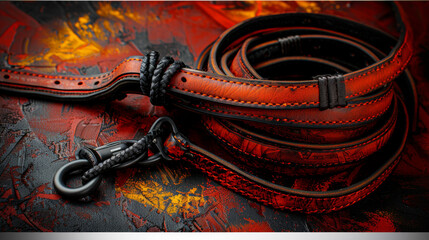 A red leash with a black buckle is on a red background. The leash is made of leather and has a black handle