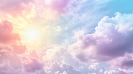 Dreamy Pastel Sky with Fluffy Clouds and Radiant Sunlight
