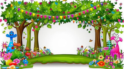 A colorful forest scene with a white background. The trees are full of flowers and there are many different types of flowers. Scene is cheerful and lively