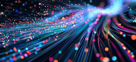 background with colorful lines and dots on a dark blue, futuristic technology concept, light streaks in the shape of fiber optic cables or speed lines isolated on a black background Generative AI