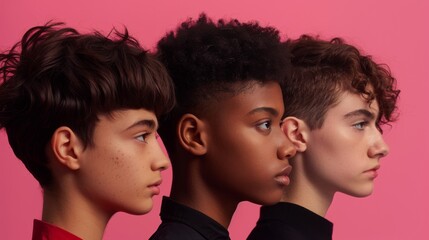 Diverse Teenage Boys Profile Portraits on Pink Background - Powered by Adobe