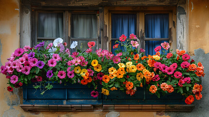 Fototapeta na wymiar Colorful Flower - Filled Window Boxes