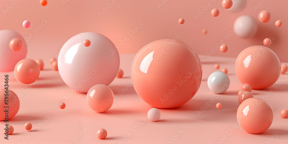 Poster creative minimal concept. pastel pink peach round shiny floating ball sphere bubble with shadow and 