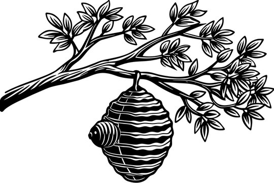 recommend clip art: Beehive on three  tree branch vector silhouette an white background 