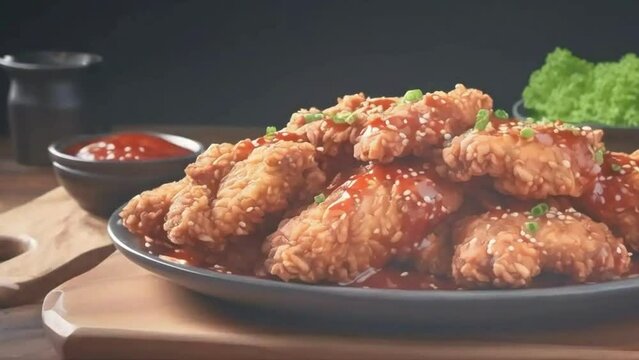 fried korean cripy chicken, crispy fried chicken, fried food, korean Barbq sauce, made with Ai generative technology, stock video, food stock videos, 4k video