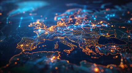 Futuristic Digital Map of Europe with Illuminated Lines and Nodes, Showcasing Major Cities along...