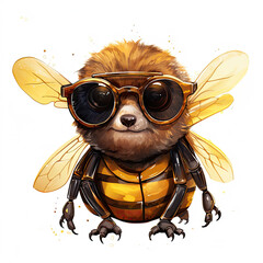 Watercolor bee wearing sunglasses, clipart Illustration, Generative Ai