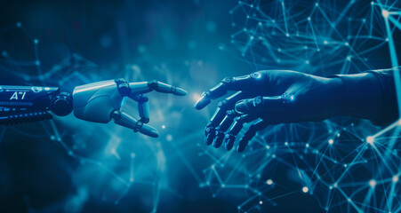 A human hand and robot finger touch each other on a dark blue background with a digital data connection, representing an artificial intelligence concept and AI technology