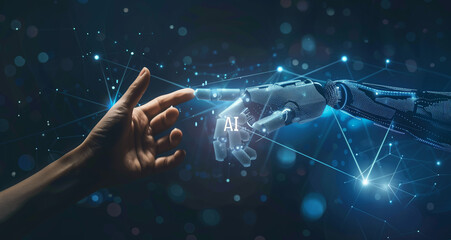 A human hand and robot finger touch each other on a dark blue background with a digital data connection, representing an artificial intelligence concept and AI technology