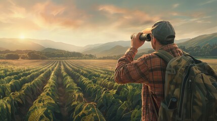 a hunter, equipped with binoculars and a map, scouting a vast glass agricultural field, where rows...
