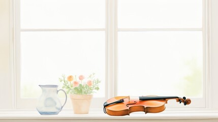 Minimalistic watercolor artwork of a butterfly, flower pot, and violin in front of a window, bathed in afternoon light, isolated on white, water color, drawing style, isolated clear background