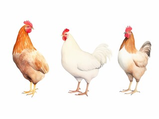 Fototapeta premium Picturesque watercolor portrayal of countryside hens and a rooster, roaming freely, elegantly presented on a white background, water color, drawing style, isolated clear background