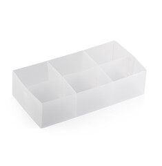 Set of foldable plastic drawer organizers for storing variety of items isolated on white...