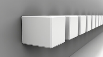 A row of white boxes are lined up against a gray wall. The boxes are all the same size and shape, and they are all white. The image has a clean and minimalist look, with the boxes arranged in a neat