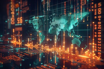 4k HUD graph with rising up arrow and bar stats,Financial data,diagrams showing a steady increase in profits,growing charts and flowing counters of numbers,digital data wall with world map