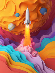 Raketenstart mit Venus und Mars als Cartoon Zeichnung, ai generativ