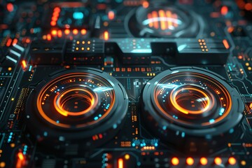 Animation of two scopes scanning and processing data with moving light trails on computer circuit board on black background