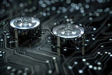 Animation of two scopes scanning and processing data with moving light trails on computer circuit board on black background