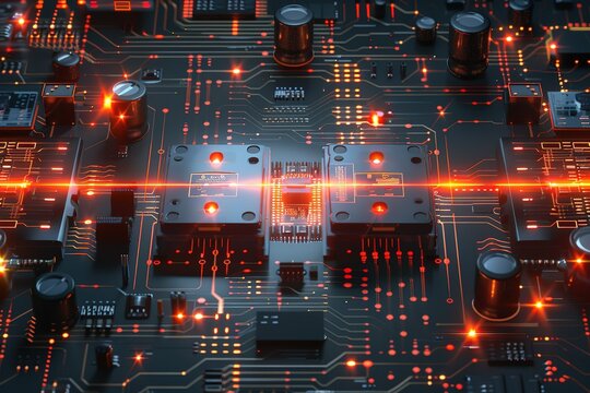 Animation of two scopes scanning and processing data with moving light trails on computer circuit board on black background