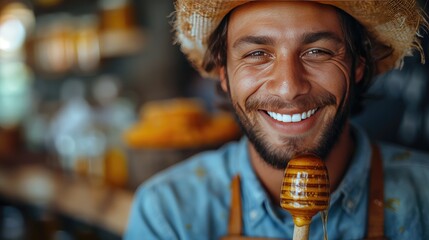 a funny and handsome man holding a jar of honey and a wooden spoon, with honey dripping from the spoon onto a green background, inviting viewers to indulge in sweetness. - Powered by Adobe
